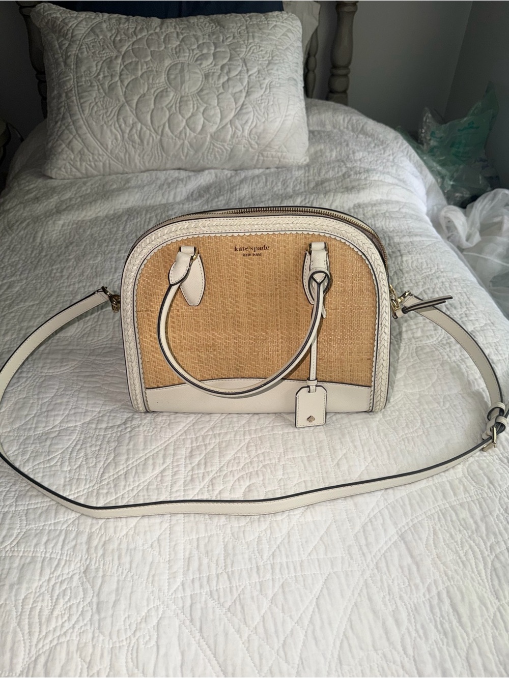Kate Spade White Reilly Dome Satchel Bag with Crossbody Strap Tan and White